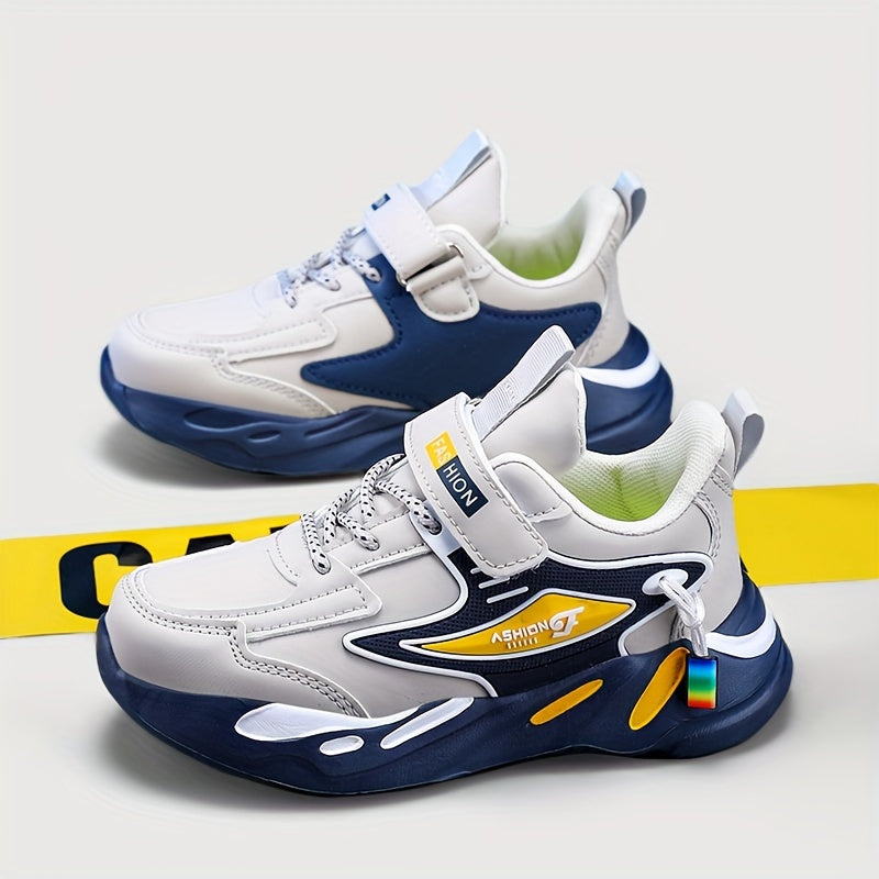 Boys' Sports Casual Running Shoes, Microfiber Synthetic Leather Hook and Loop Fastener, Round Toe Lightweight Cross-Trainer, Fabric Insole, EVA Sole, Striped Fashion Sneakers for All-Season Activities