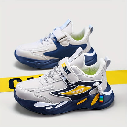 Boys' Sports Casual Running Shoes, Microfiber Synthetic Leather Hook and Loop Fastener, Round Toe Lightweight Cross-Trainer, Fabric Insole, EVA Sole, Striped Fashion Sneakers for All-Season Activities