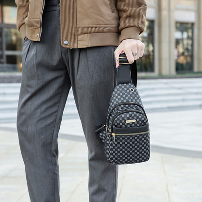 Men's Stylish Geometric Print Sling Bag - Black & White Crossbody Chest Pack with Golden-Tone Zippers, Compact Travel & Everyday Commute Backpack, Modern Accessory | Textured Finish, Crossbody Bag