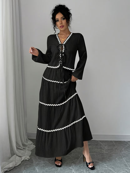 Women'S New Arrival Black and White Ruffled Lace Trim Long Sleeve Shirt with Tie Waist Umbrella Skirt Set, Stylish Elegant Vacation Commute Daily Wear Date Party Two-Piece Outfit Suitable for All Seasons