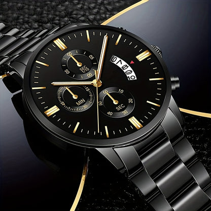 1pc Men's Stylish Black Stainless Steel Quartz Watch - Elegant Round Dial, Durable Analog Display, Perfect Gift for Valentine's Day, Birthday, Christmas, etc., Gift Watches | Elegant Wristwatches | Analog Watches