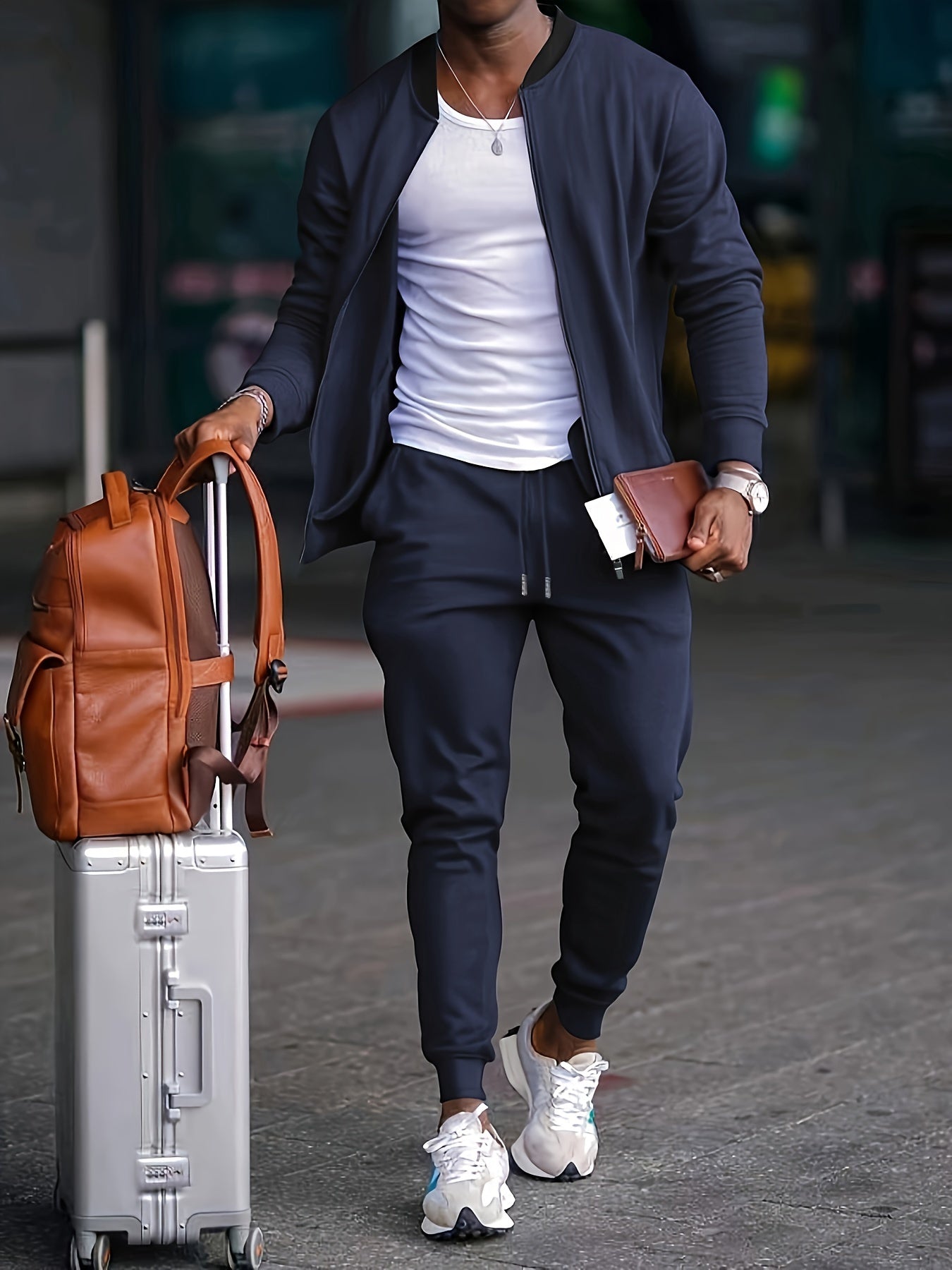 Men's Casual Polyester Sports Suit, Solid Color, Non-Stretch Fabric, Regular Fit, Baseball Collar Jacket and Sweatpants, Suitable for Spring/Autumn - Braided Eyelash Set