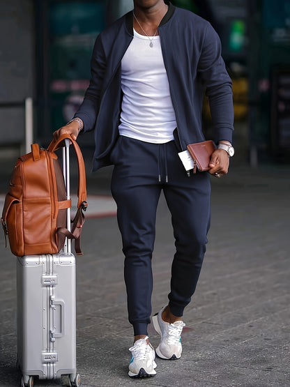 Men's Casual Polyester Sports Suit, Solid Color, Non-Stretch Fabric, Regular Fit, Baseball Collar Jacket and Sweatpants, Suitable for Spring/Autumn - Braided Eyelash Set