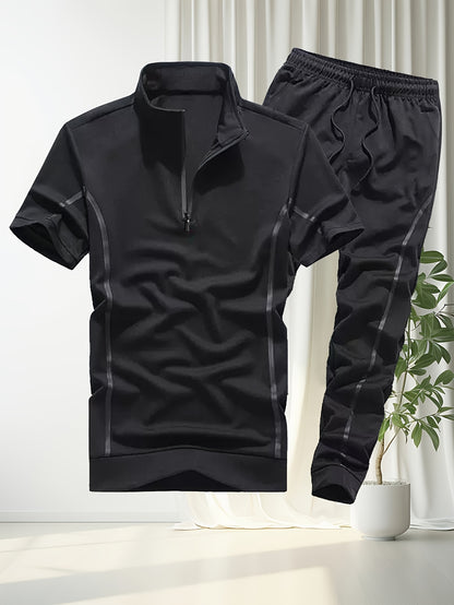 Men'S Casual Summer Two-Piece Set - Loose Fit Short Sleeve Zipper Polo Shirt & Joggers with Side Stripes, Polyester, Ideal for Hot Weather, Summer Casual Wear|Striped Pattern|Polyester Fabric