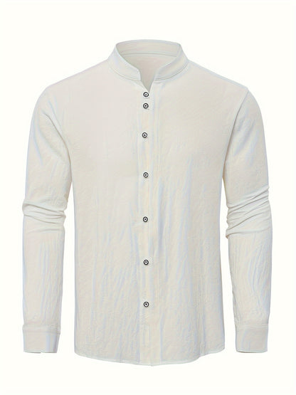 Classic Design Men's Solid Color Stand Collar Long Sleeve Button Up Top Shirt, Pure Cotton Spring And Autumn Fashion Cotton Tops For Daily And Casual Outerwear