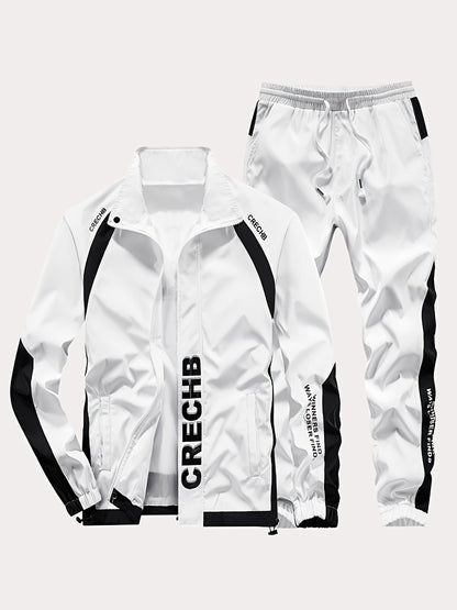 Unisex Sportswear Set for Spring And Autumn, Featuring a Zip-Up Jacket with a Stand Collar And Striped Long Pants in Black And White, a Stylish Outfit That Makes a Great Gift, Sweat-Resistant, Hand Wash Only, Workout Accessor