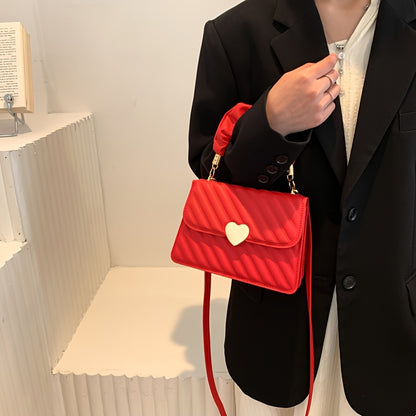 Women'S Fashion Shoulder Bag, Korean Version, Faux Leather, Quilted Solid Color, Heart Accent, Removable Strap, Magnetic Closure, Synthetic Faux Leather Lining, Painted Edges, Versatile Crossbody Purse - Available in Black, R
