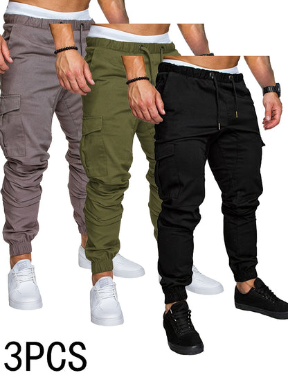 3-Pack Men'S Casual Cotton Cargo Pants, Solid Color, Non-Stretch, Regular Length, Drawstring Waist, Four Seasons, Standard Fit, Woven Fabric