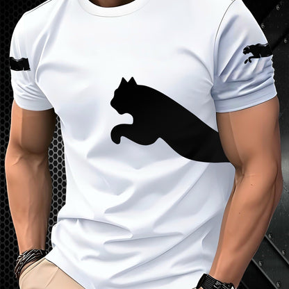 Men's 3D Print Cat Graphic T-Shirt - Casual Short Sleeve Summer Tee with Black & White Contrast Design, Breathable Round Neck Top for Outdoor Activities, Machine Washable, Relaxed Fit Shirt, Durable Fabric, Detailed Print Qua