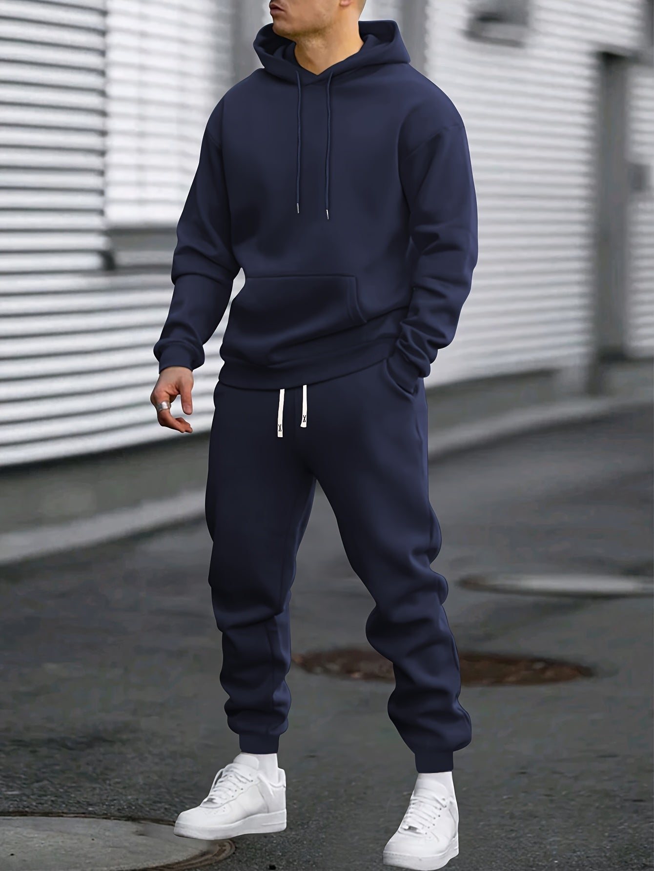 1set Men'S Casual Sports Suit, Polyester Hooded Sweatshirt and Jogger Pants Set, Solid Color, Elastic Waist, Cuffed Ankles, Knit Pullover with Pockets, Regular Fit for Outdoor Running and Jogging - Spring/Autumn Collection