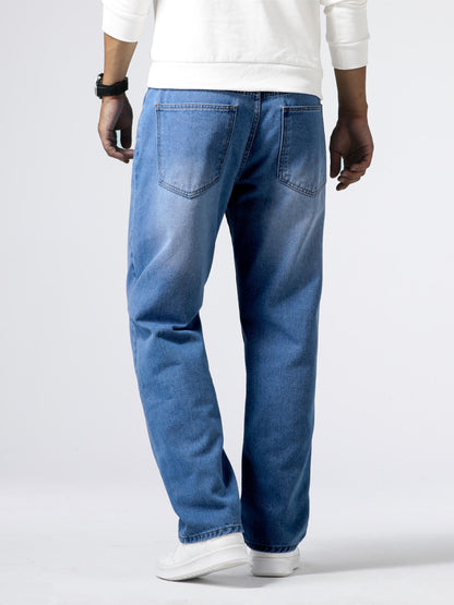 Men'S Loose Fit Straight Leg Jeans, Cotton 85% Polyester 15% Denim, Washed Solid Color Casual Style