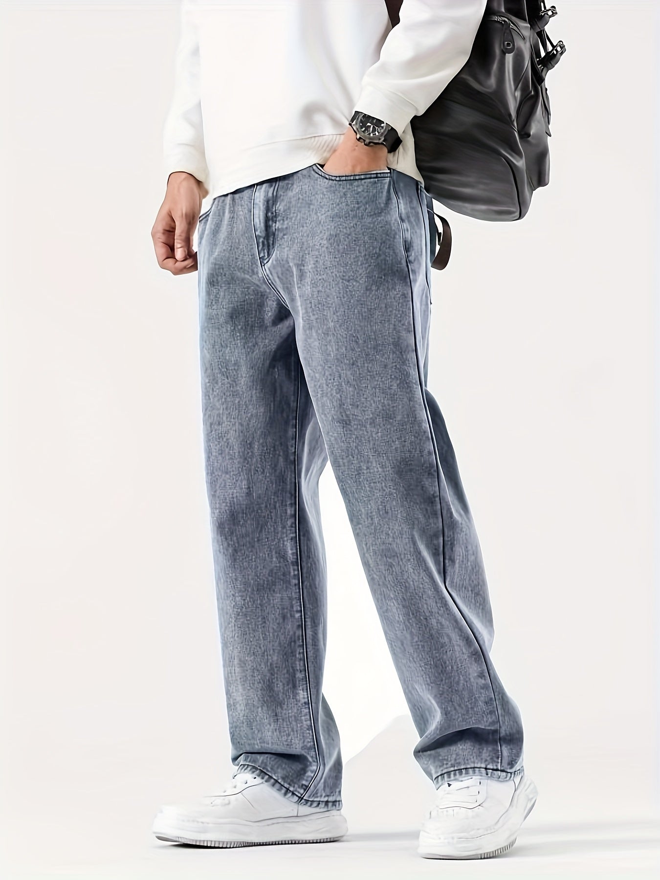 Men'S Casual Denim Jeans, 54% Cotton 32% Polyester 12% Viscose, Solid Color, Regular Fit, Straight Leg, All-Season, Woven Fabric, 290g/m², with Pockets - Adult