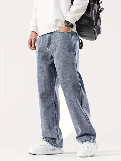 Men'S Casual Denim Jeans, 54% Cotton 32% Polyester 12% Viscose, Solid Color, Regular Fit, Straight Leg, All-Season, Woven Fabric, 290g/m², with Pockets - Adult