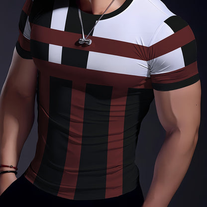 Striped Patchwork Design Pattern Print, Men'S Sports Fashion, Geometric Print High Elasticity Tight Fit Short Sleeved Round Neck T-Shirt, Summer Fitness, Training And Fitness Wear Quick Drying Sports Top with Coolness