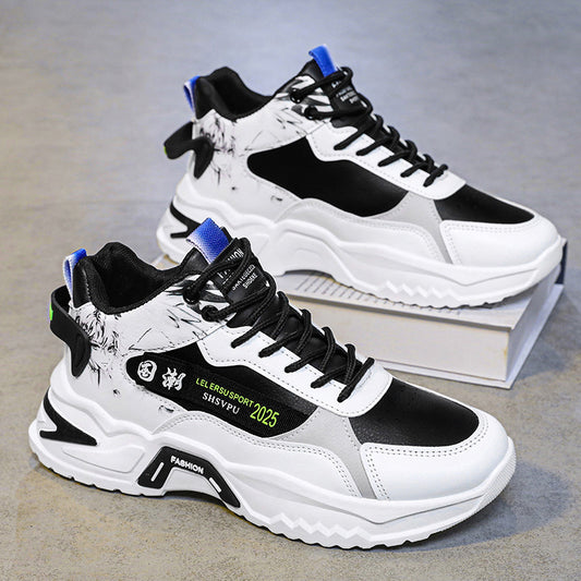 Men's Sneakers - Thick Platform Cushioned Sole, Lace-Up Closure, PU Upper & Non-Slip PVC Outsole - All-Season Gym, Casual, Everyday Sneakers - Black/White Colorway - Affordable Men's Footwear, Casual Walking, Trendy Kicks, Co