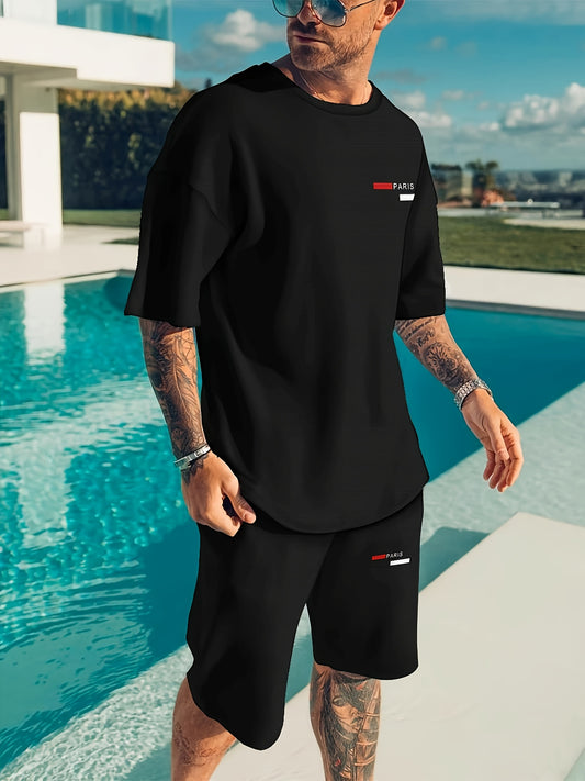 Men's Paris Letter Graphic T-Shirt - Black with Red Print, Breathable Polyester Round Neck Streetwear Tee for Summer, Casual & Outdoor Wear, Outdoor Clothing | Trendy Tshirt | Relaxed Fit Shirt