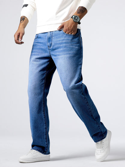 Men'S Loose Fit Straight Leg Jeans, Cotton 85% Polyester 15% Denim, Washed Solid Color Casual Style