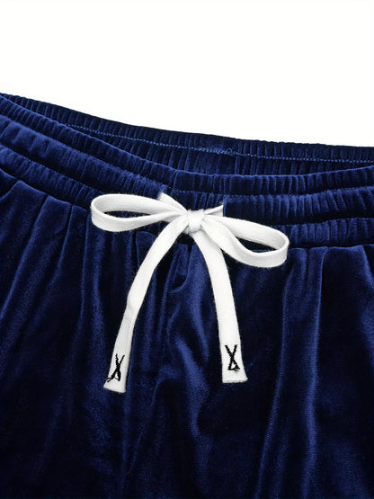Men'S Fashion Velvet Knit Pullover Set, Contrast Letter Embroidery Top and Solid Color Drawstring Shorts, Simple Casual Outing Commuting Vacation Light Luxury Set, Regular Fit Elastic Knit Two-Piece Set, High-end Sheen Light