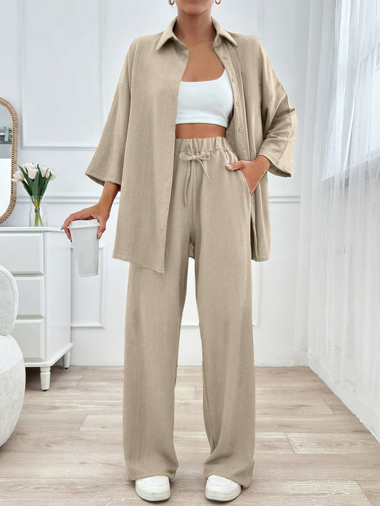 Women'S Elegant Two-Piece Beige Casual Suit - Cropped Top & Wide-Leg Pants with Pockets, Perfect for All Seasons, Stylish Home Attire|Casual Attire|Pocketed Pants