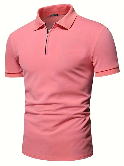 Casual Stretch Men's Solid Color Zipper Lapel Golf Shirt, Male Summer Streetwear