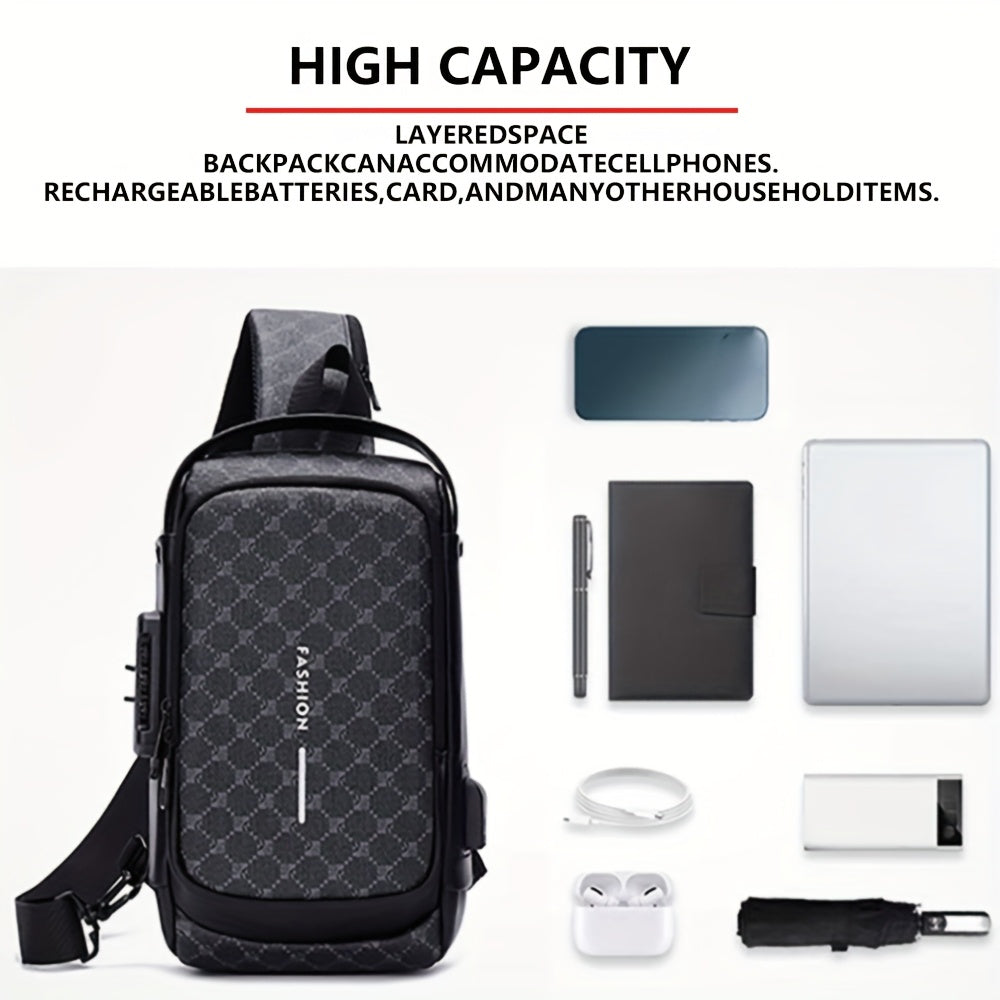 Elegant Black Crossbody Bag with Adjustable Strap, Anti-Theft Zipper Closure, and Polyester Lining - Stylish Chest Bag for Men and Women, Secure Travel Bag|Patterned Chest Bag|Durable Zipper Closure