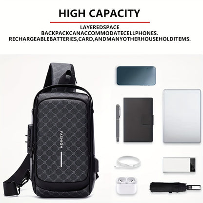 Elegant Black Crossbody Bag with Adjustable Strap, Anti-Theft Zipper Closure, and Polyester Lining - Stylish Chest Bag for Men and Women, Secure Travel Bag|Patterned Chest Bag|Durable Zipper Closure