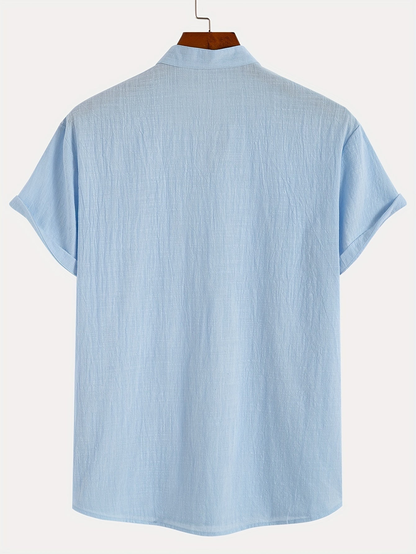 Men'S Classic Solid Color Pure Cotton And Bamboo Textured Breathable Fabric V-Neck Half-Button Design Suitable for Daily Casual Wear, Simple And Versatile, Stylish for Vacations, Hawaiian Style Light Blue Short-Sleeve Shirt.