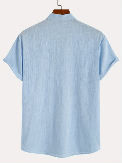 Men'S Classic Solid Color Pure Cotton And Bamboo Textured Breathable Fabric V-Neck Half-Button Design Suitable for Daily Casual Wear, Simple And Versatile, Stylish for Vacations, Hawaiian Style Light Blue Short-Sleeve Shirt.