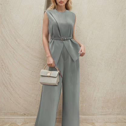 Urban Commute Casual Elegant Two-Piece Set with Unique Cross-Cut Sleeveless Belted Waist Design High-Waisted Wide-Leg Pants, Comfortable and Versatile for Various Occasions