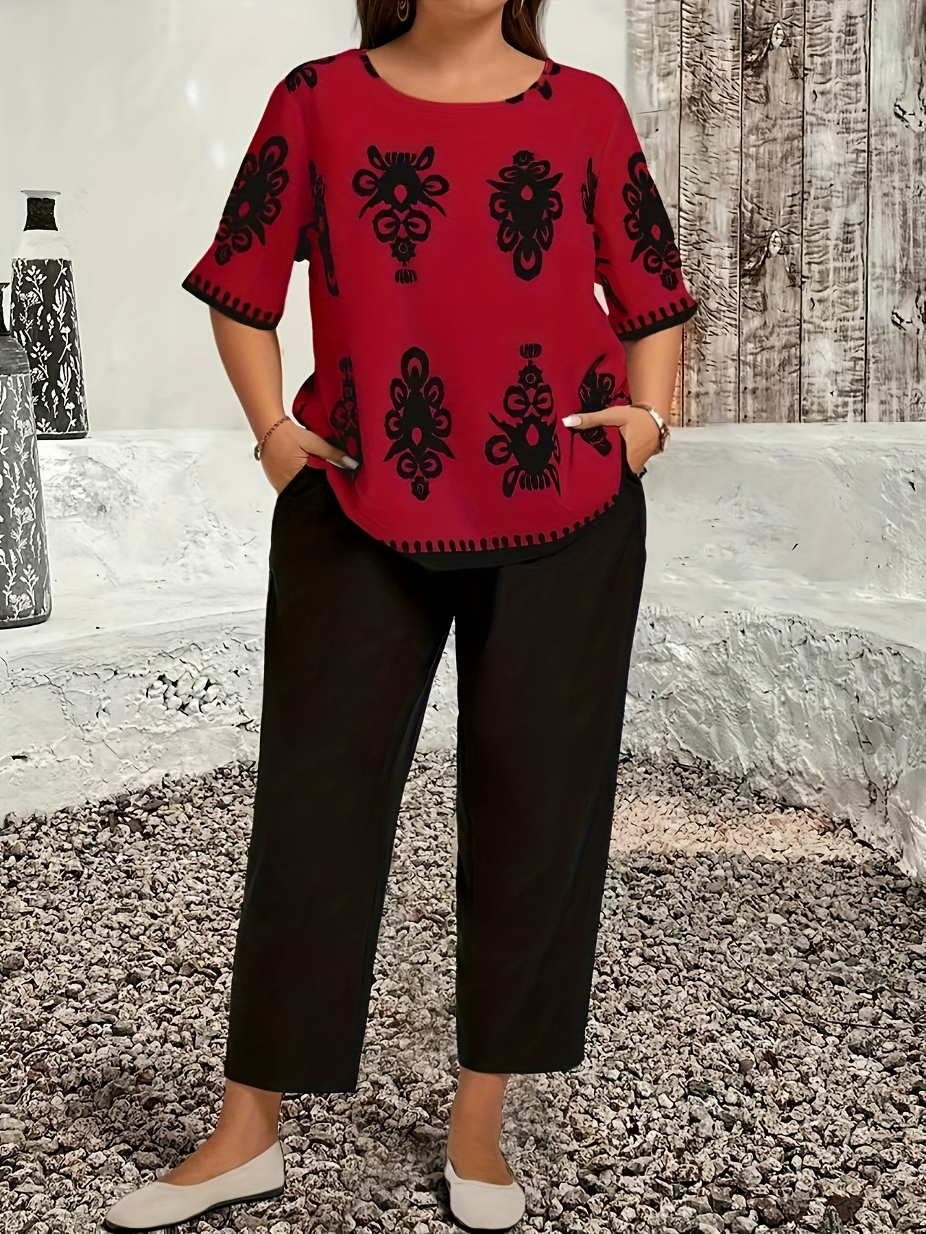 Plus Size Casual Country Print Loose Long Sleeve Pullover and Pants Two-Piece Set, Elegant Autumn Leonie