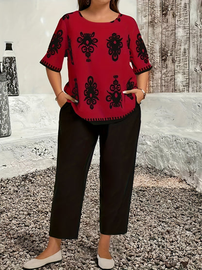 Plus Size Casual Country Print Loose Long Sleeve Pullover and Pants Two-Piece Set, Elegant Autumn Leonie