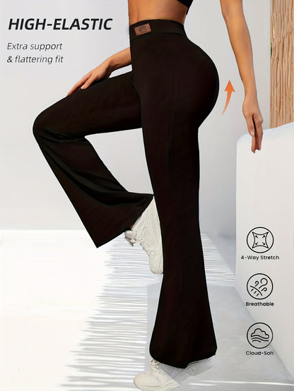 High-Waisted Flared Leggings for Women - Stretchy Black Polyester Pants with Tummy Control, Slimming Fit, and Breathable Design for Spring/Summer/Fall Casual Wear, Spring Summer Leggings | Fitted Leggings | Elastic Waistband