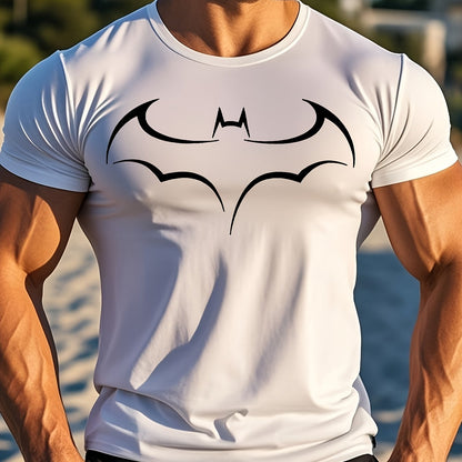 Minimalist High-End Bat Pattern Print Short-Sleeve Summer Fashion Casual Black And White Textured Men'S T-Shirt.