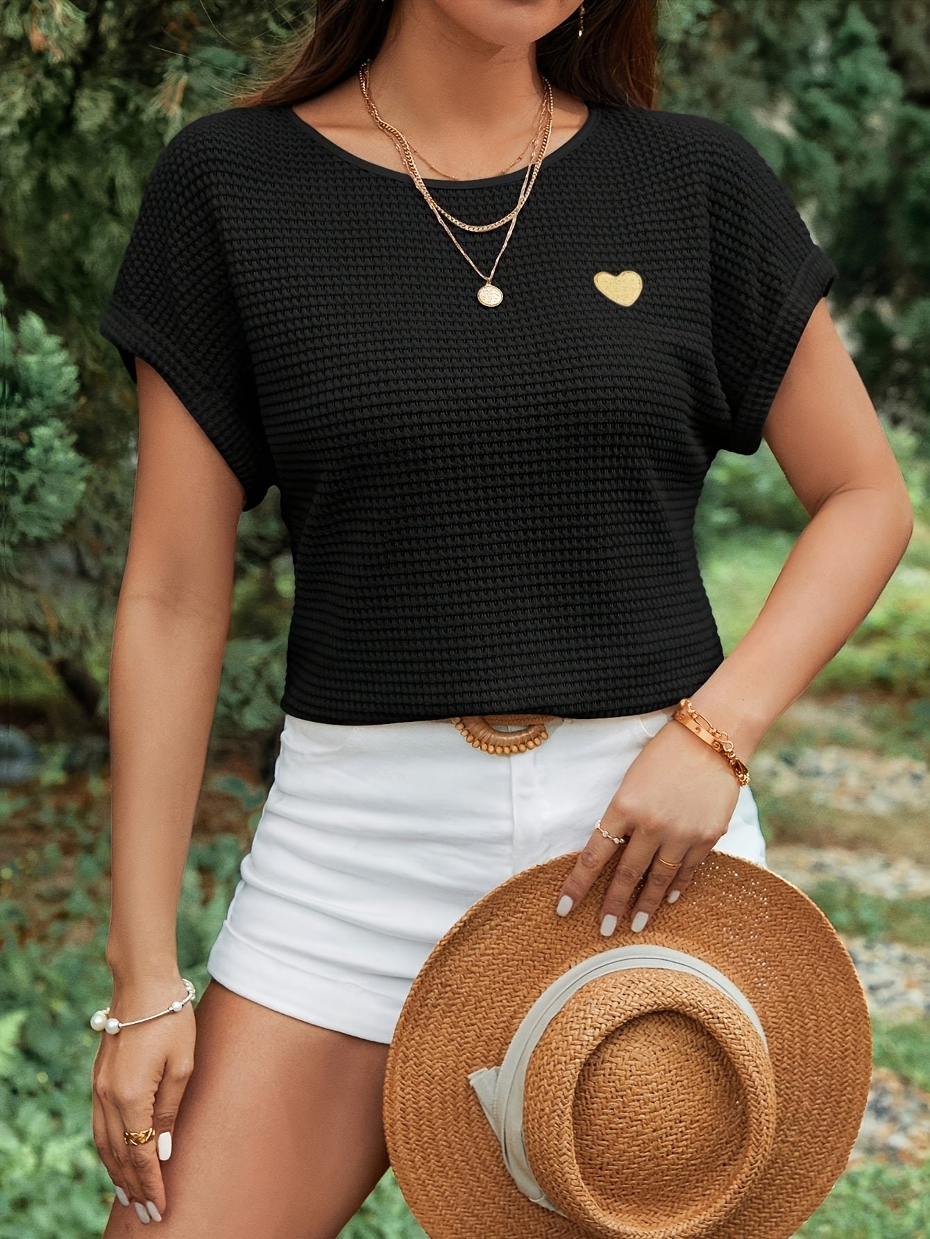 Women'S Brown Knit Short Sleeve Top with Golden Heart Design - Casual Spring/Summer Blouse, Casual Wear|Knit Texture|Short Sleeve Top