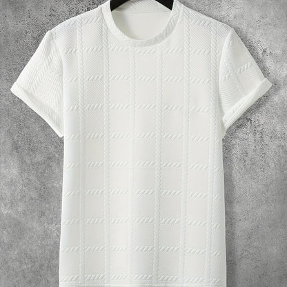 Men'S Casual Embossed Pattern Short Sleeve T-Shirt, 100% Polyester Crew Neck Knit Fabric, Slight Stretch, Solid Color Top