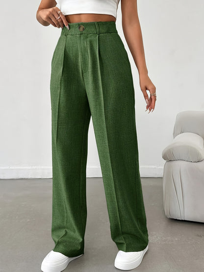 Women's Casual Polyester Stretch Straight Pants, Solid Color, Suitable for All Seasons, with Button Details, Women's Trousers