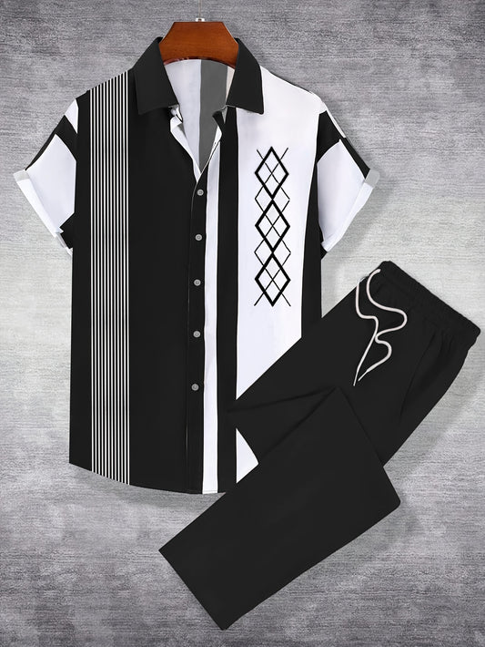 Men'S Casual Fashion Short Sleeve Shirt & Pants Set - Black & White Geometric Pattern, Polyester, Non-Stretch, Summer Sportswear, Regular Fit, Casual Attire|Geometric Pattern Shirt|Polyester Fabric