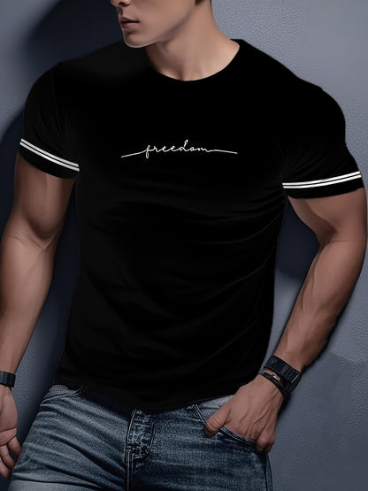 Men'S "Freedom" Graphic T-Shirt - Black Casual Crew Neck Tee with White Stripes, Breathable Polyester Blend, Regular Fit for Casual Attire, Everyday Tshirt | Bold Print Tee | Comfortable Fit, Knit