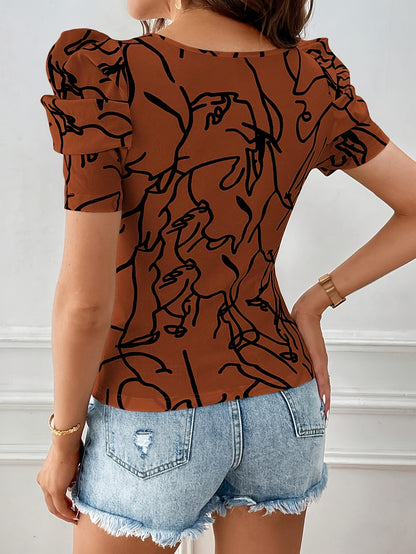 Women's Elegant Square Neck Puff Sleeve T-Shirt - All-Over Geometric Print, Brown & Black, Medium Stretch, Machine Washable, Regular Fit for Casual & Formal Wear, Ladies T Shirts, Versatile Fashion Top, Modern Stylish Top, Me