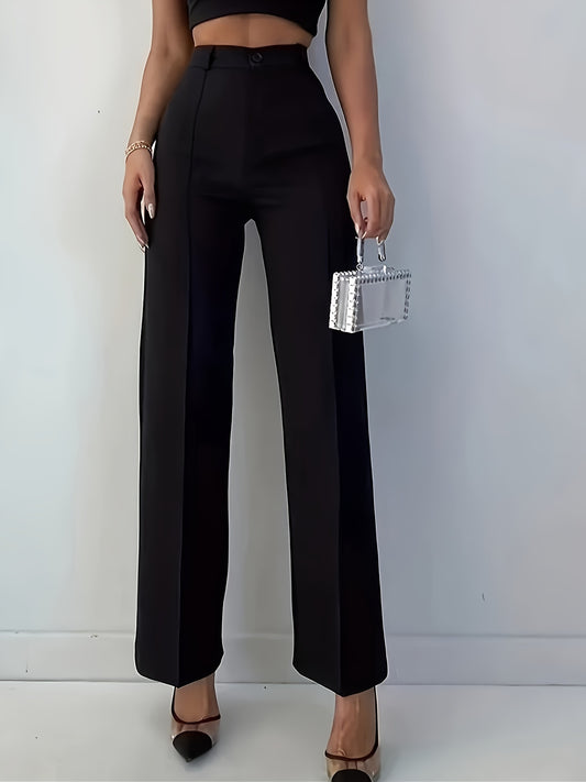 Elegant Women's Black Straight-Leg Pants - High-Waisted, Sleek Polyester, Machine Washable - Perfect for Professional & Social Events