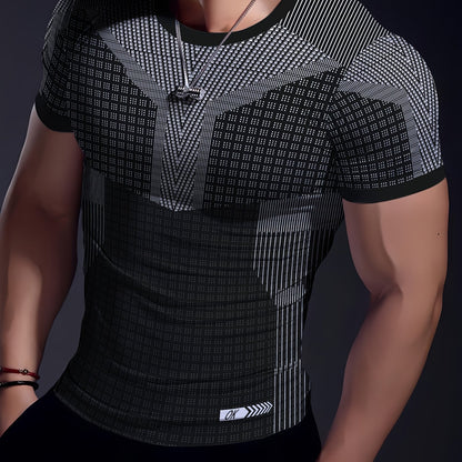 A Black And White Patterned Print Design, Men'S Sporty Fashion, Geometric Print High-Elastic Tight-Fitting Short-Sleeve Round-Neck T-Shirt, Quick-Drying Sports Top for Summer Fitness, Training, And Workout, with a Cool Feel,