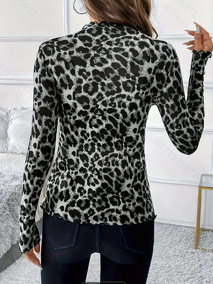 Women'S Elegant Leopard Print Long Sleeve T-Shirt - Stretchy Polyester Blend, Semi-High Neck, Ruffled Hem, Machine Washable, Spring/Summer/Fall Top, Casual Wear|Ruffled Hem Top|Stretchy Fabric