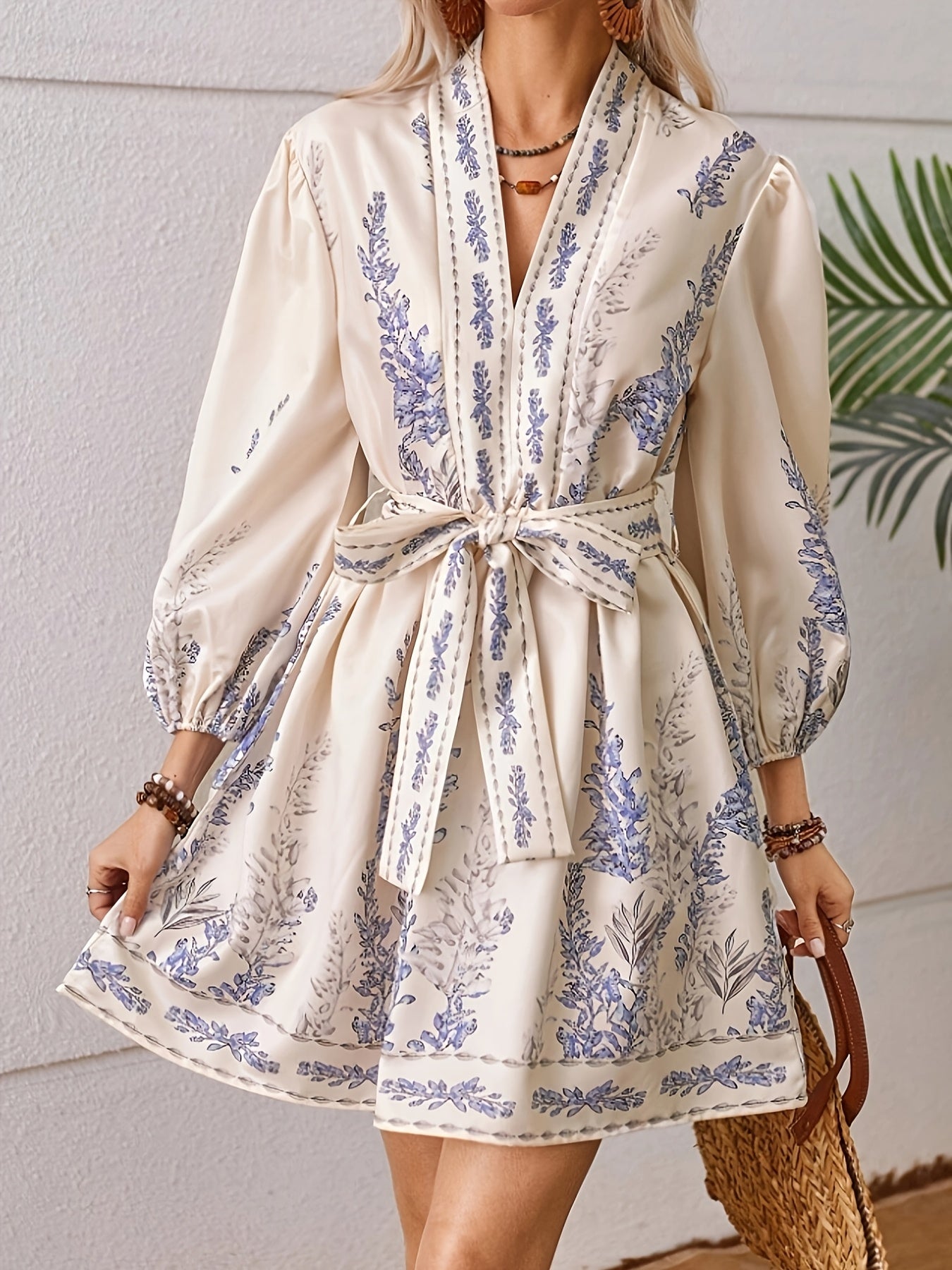 Elegant Floral V-Neck Midi Dress with Lantern Sleeves and Belt for Women - Lightweight Polyester, Cream with Blue Floral Print, Long Flared Sleeves, Perfect for Spring/Fall, Floral Dress