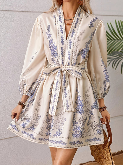 Elegant Floral V-Neck Midi Dress with Lantern Sleeves and Belt for Women - Lightweight Polyester, Cream with Blue Floral Print, Long Flared Sleeves, Perfect for Spring/Fall, Floral Dress