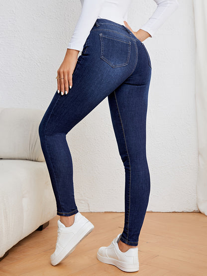 Women's Casual Plain Light Blue Skinny Jeans, Stretchy Denim Pants, Classic Design, High Waist Slim Fit For Everyday Fashion - Perfect For Fall & Winter