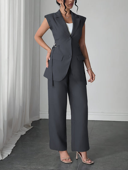 Stylish Women'S Elegant Modern Two-Piece Set with Side-Waist Design, Solid Color Sleeveless Jacket and Pants for Spring/Summer