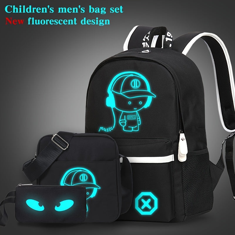 New casual Men's backpack set, large capacity to store 15.6-inch laptops, night fluorescent backpack, three piece travel dual-use backpack
