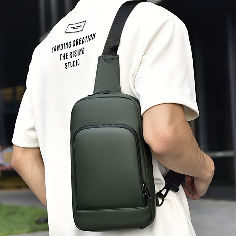 Men'S Casual Chest Bag, Faux Leather, Single Shoulder Bag, Zipper Closure, Uncharged, with Sewing Thread, Non-textile Weaving Method, No Printing, 100cm Shoulder Strap Length, for Daily Commute