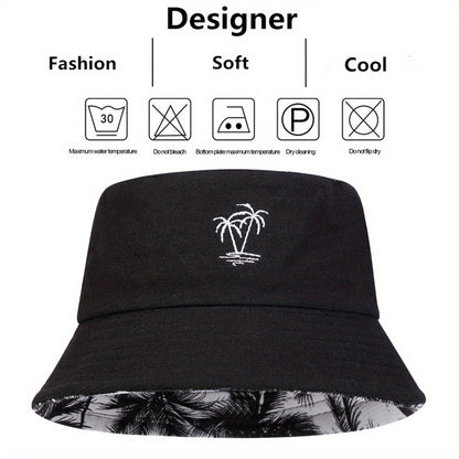 1pc Unisex Bucket Hat - Double-Sided Coconut Tree, Lightweight Fisherman Cap with Wide Brim, Elastic Fit for Beach, Travel, Everyday - Men & Women (Black/White/), Beach Hat, Travel Headwear, Detail