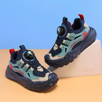 Boys' Breathable Mesh Sneakers with Rotating Button Closure - Lightweight EVA Sole, Durable PU & Fabric Upper, All-Season Outdoor Hiking Shoes for (Black/Green/Red Accents)